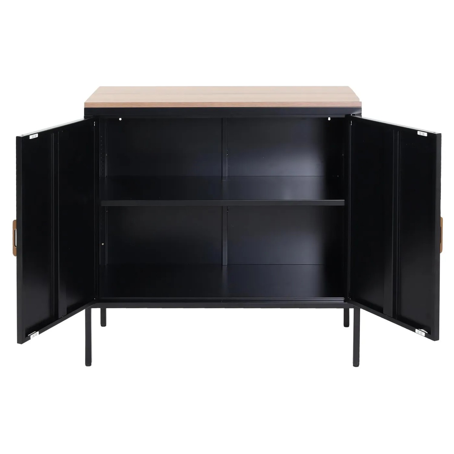 Schwarze MCW Kommode L84-2 mit zwei offenen Türen und hellem Holzdeckel. Schubladenkommode mit Einlegeböden.