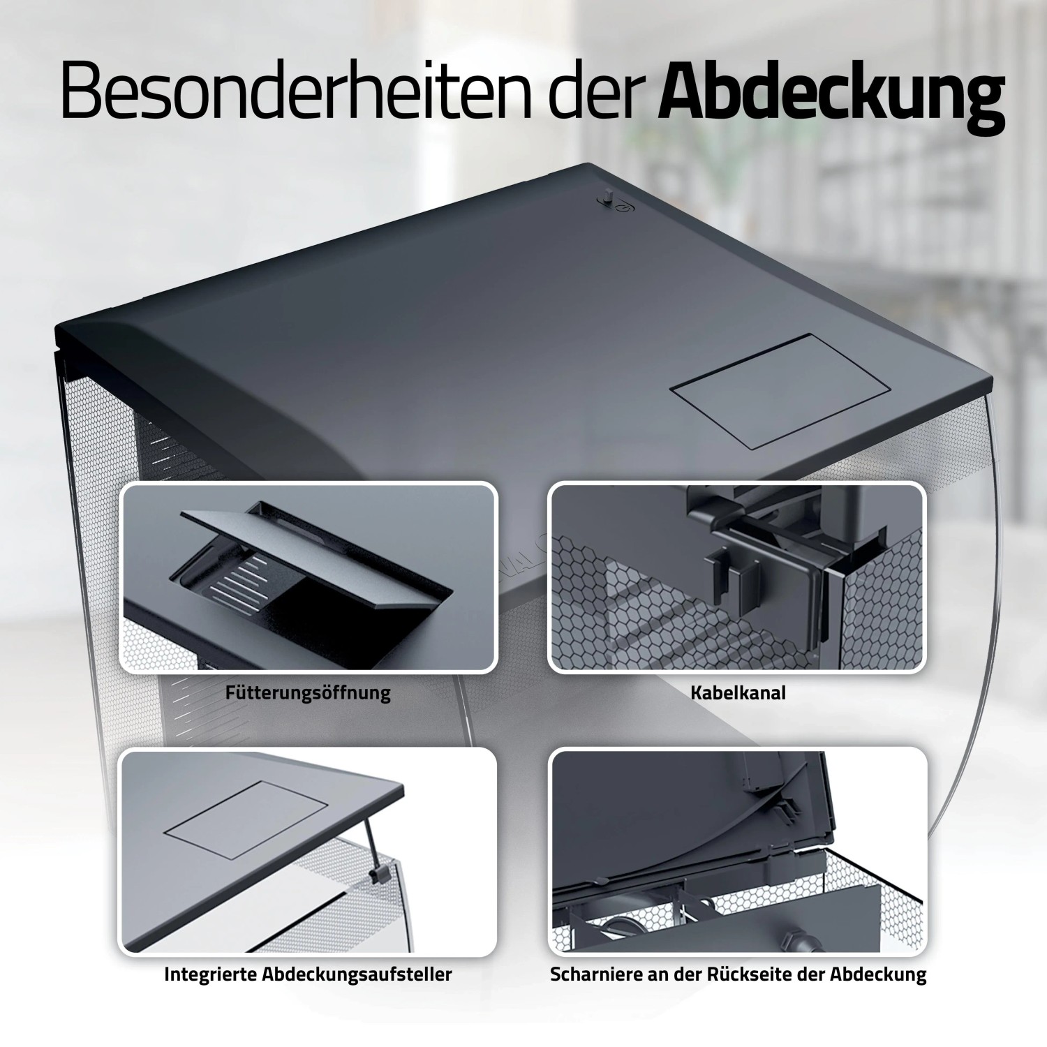Fluval Flex 2.0 Süßwasser-Aquarienset Abdeckung: Fütterungsöffnung, Kabelkanal, integrierte Aufsteller, Scharniere.