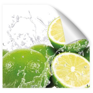 Myspotti Küchenrückwandfolie Aqua Limette mit Limetten und Wassertropfen.