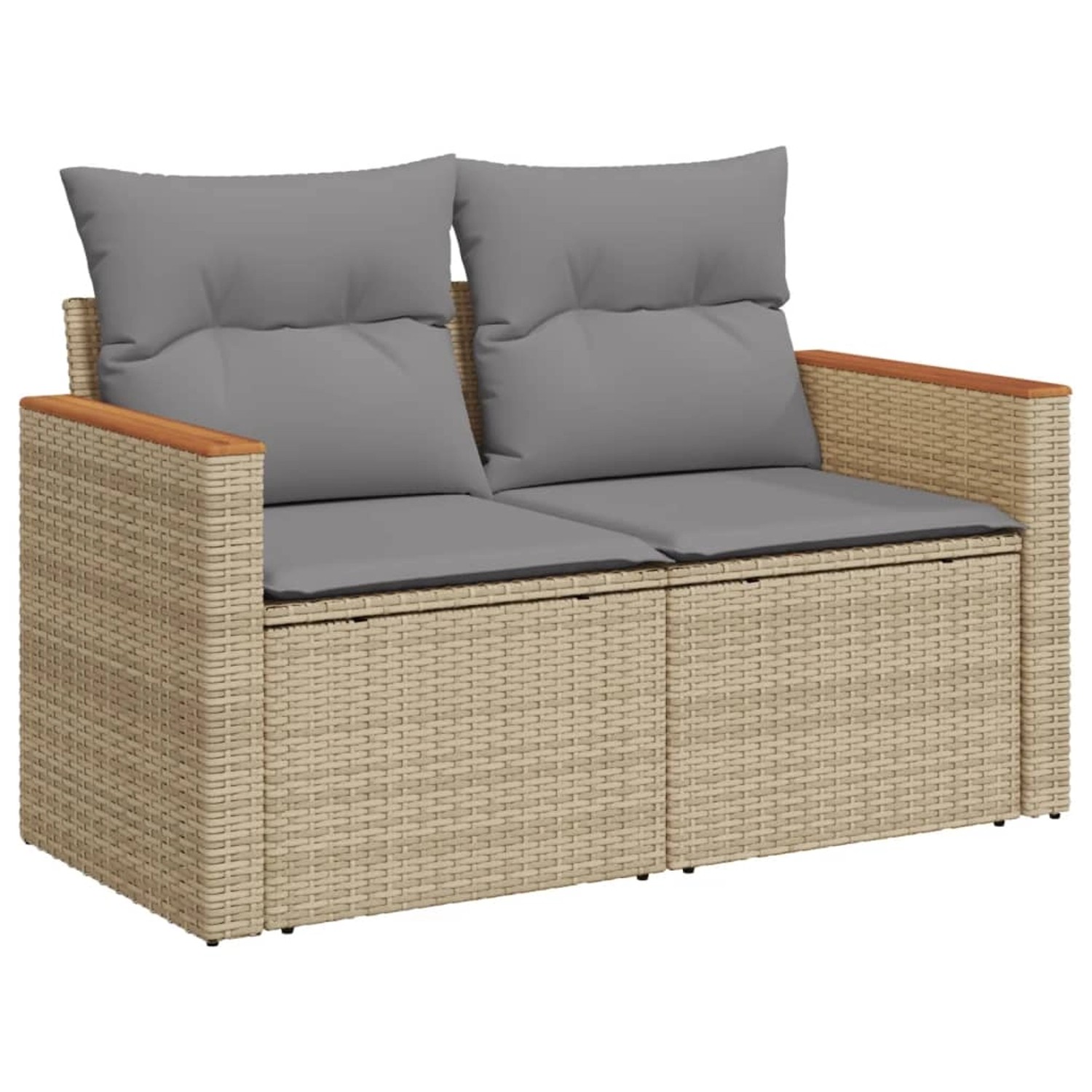 Beige 5-tlg. Garten-Sofagarnitur aus Rattan mit grauen Kissen.
