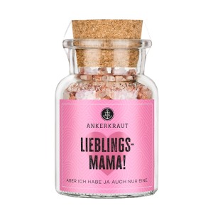 Ankerkraut Salz Lieblingsmama im Glas mit Korken. Rosa Bergsalz als Geschenkidee.