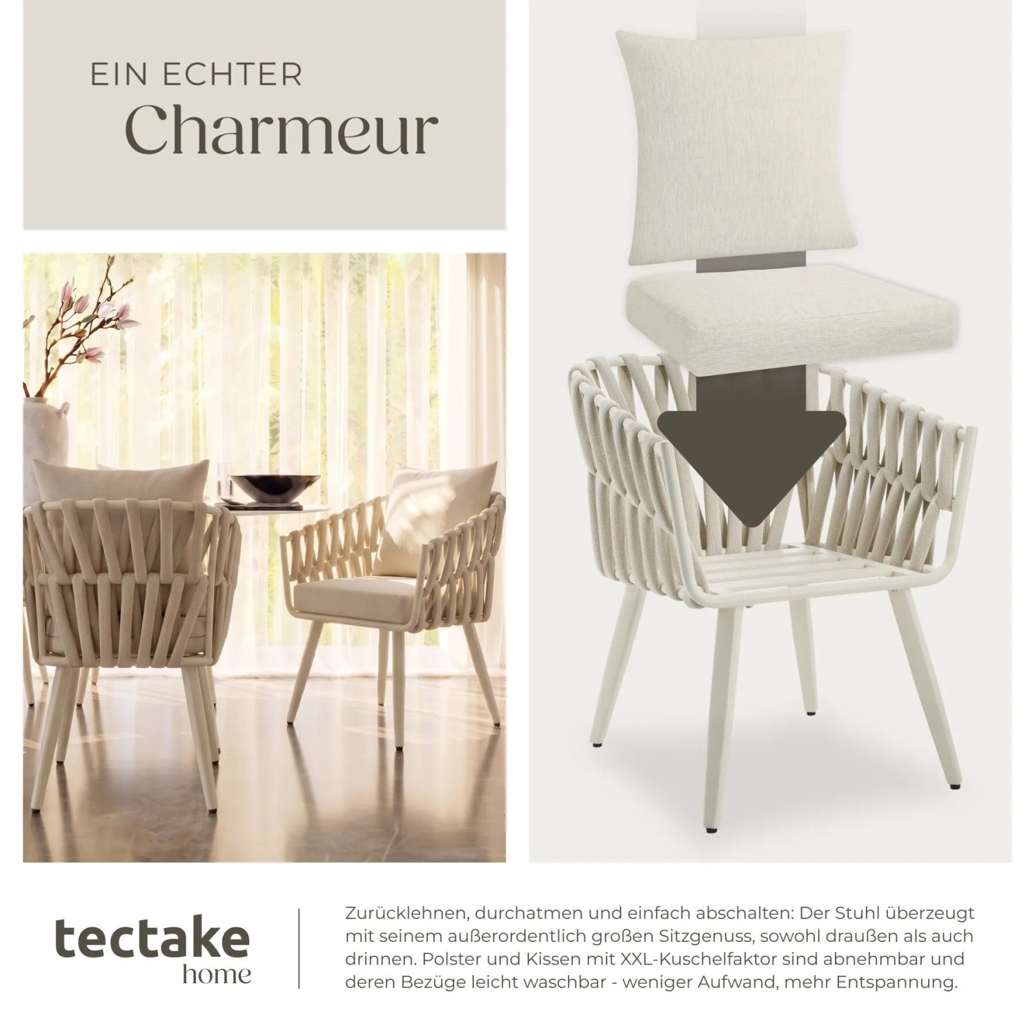 Tectake Aluminium Stuhl Lugano Im Rope Design Wetterfest und Uv Beständig 2Er Set 65 5 x 62 5 x 75 cm Beige_7
