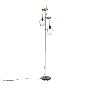 Schwarze QAZQA Stehlampe Stronk mit Holz, 2-flammig für Innenleuchten.