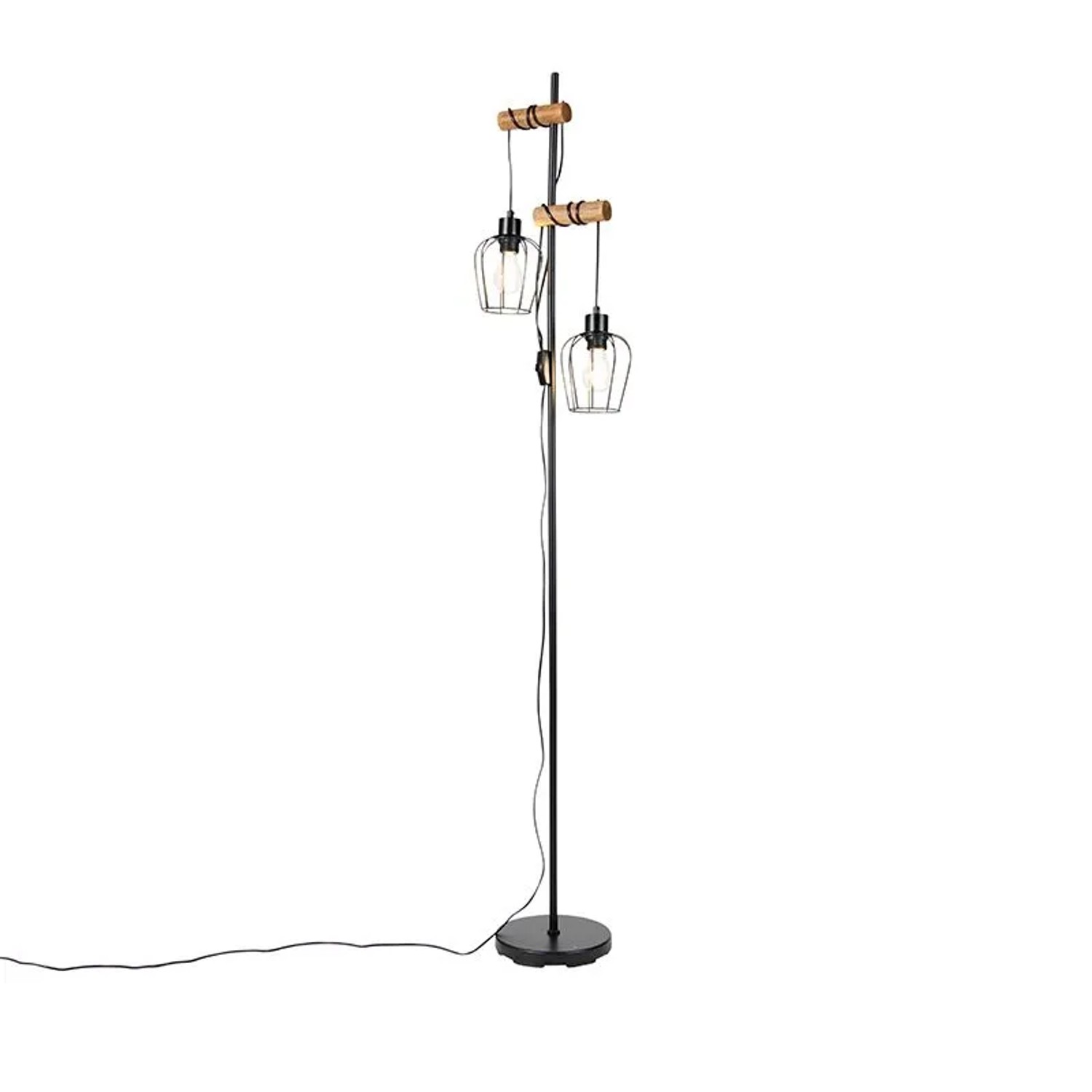QAZQA Ländliche Stehlampe Schwarz mit Holz 2-flammig Stronk