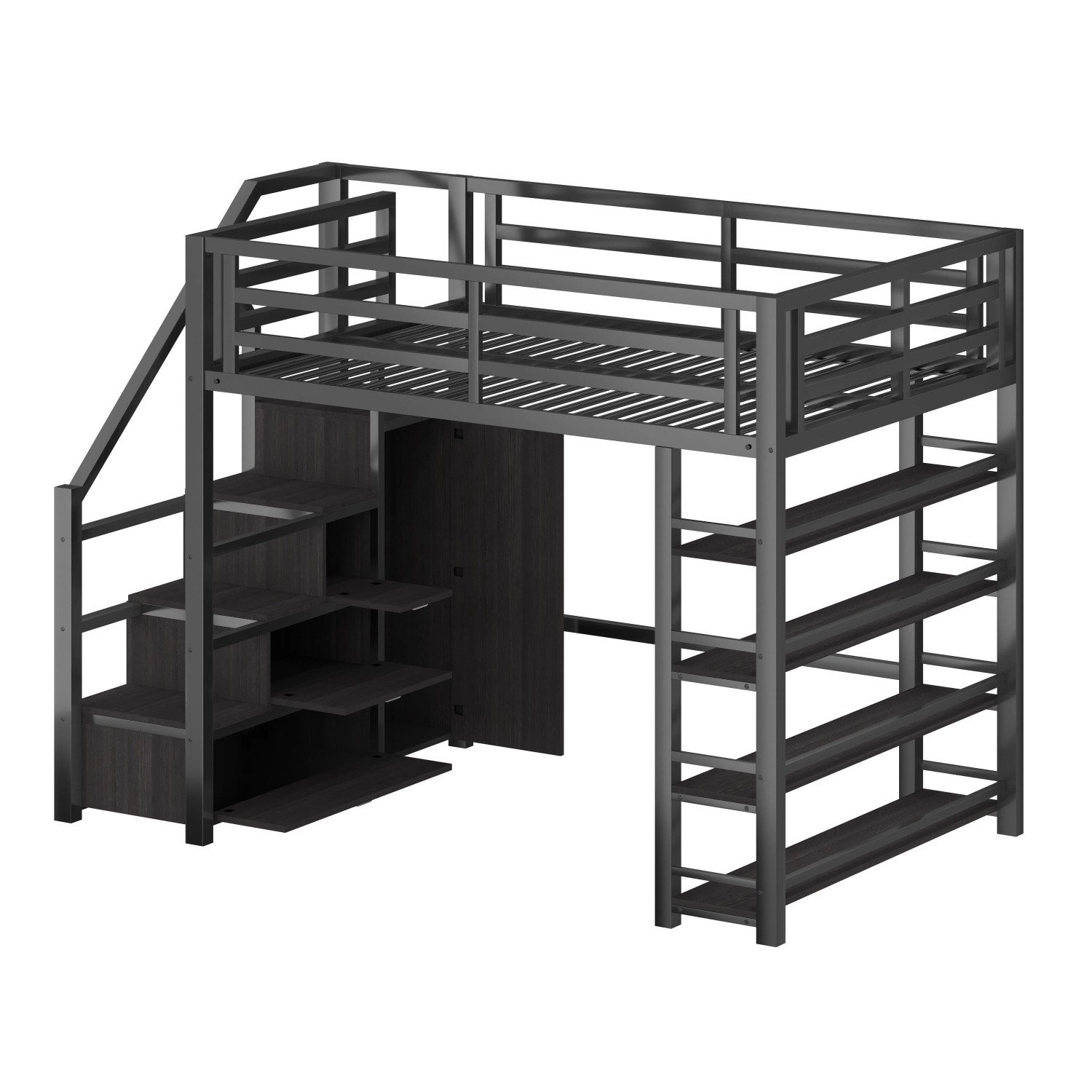 okwish Metall Hochbett 140x200cm mit Ablagefächern Schränken und LED Schwarz ohne Matratze