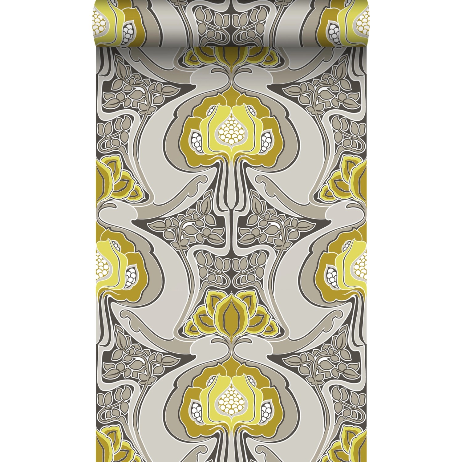 Origin Wallcoverings Tapete Jugendstil-Blumenmuster Ockergelb und Grau 53 c günstig online kaufen
