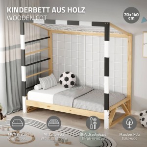 Kinderbett Fußballtor aus Kiefernholz, 70x140 cm, mit Matratze und Lattenrost.