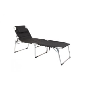 Schwarze Lex XXL Aluminium Gartenliege, gepolstert, mit Kopfkissen und silbernem Klapprahmen.