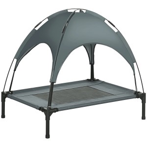 Graues PawHut Hundebett mit Baldachin für Outdoor, atmungsaktive Liegefläche, erhöht.