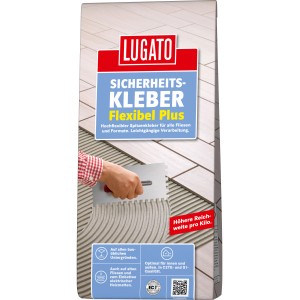 Sack Fliesenkleber Sicherheitskleber Flexibel Plus 3,5 kg, Anwendung mit Zahnspachtel.