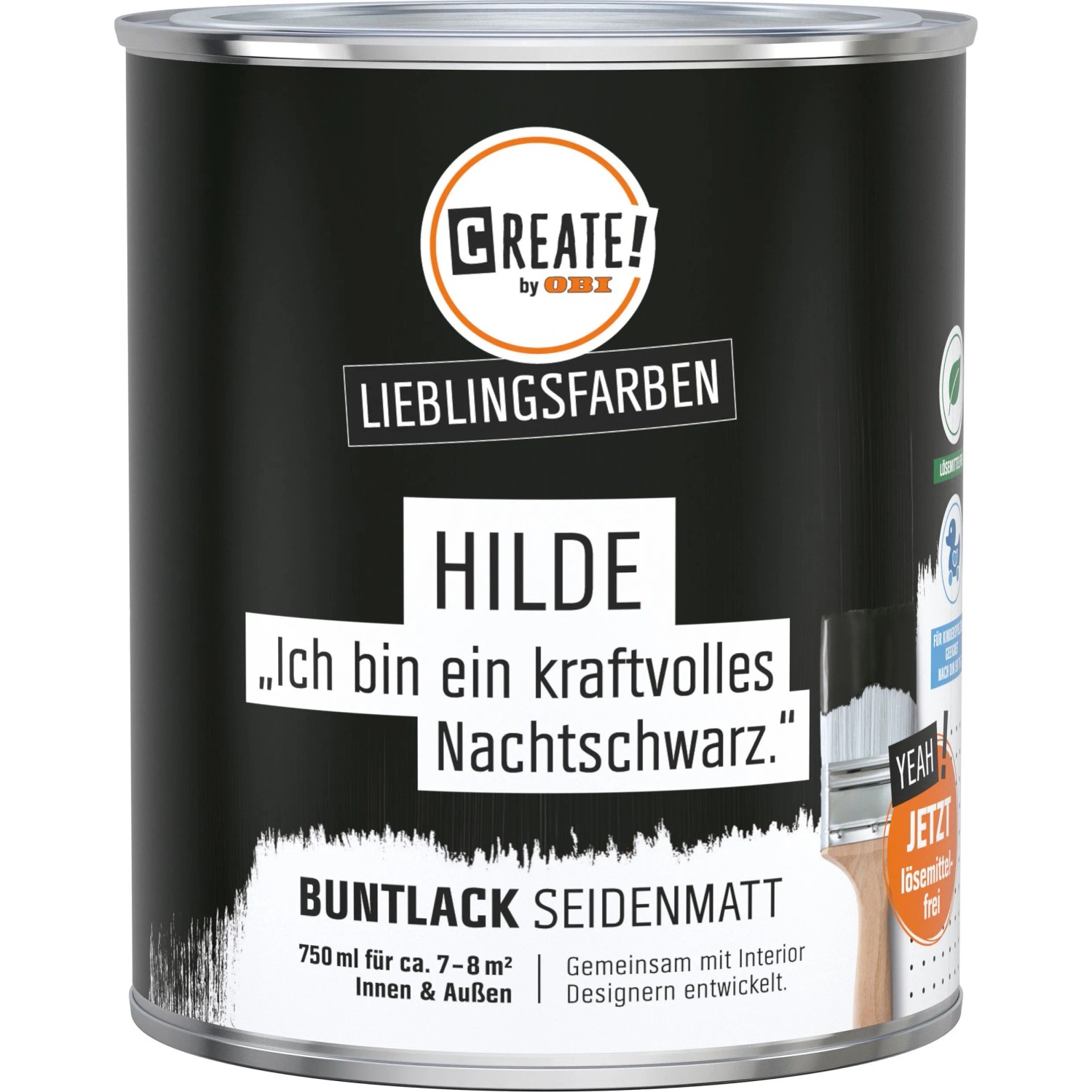 Dose CREATE! by OBI Buntlack Lieblingsfarbe Hilde Nachtschwarz seidenmatt, lösemittelfrei.
