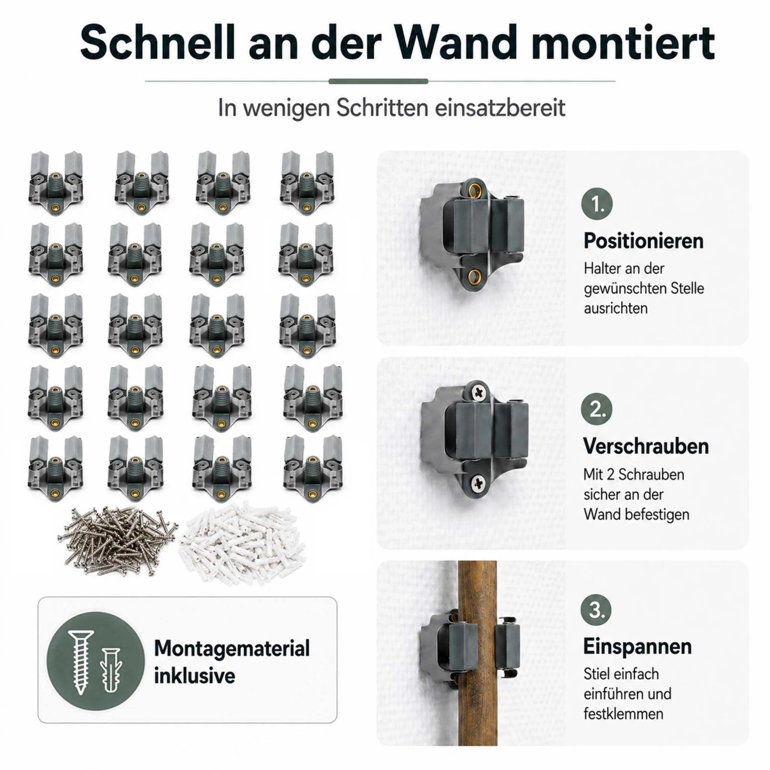 20 Wiltec Stahl Gerätehalter, Wandhalter und Besenhalter mit Montagematerial. Inkl. 3-Schritt-Montageanleitung.