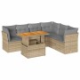 Beige 7-tlg. vidaXL Garten-Sofagarnitur mit Tisch und hellgrauen Kissen aus Polyrattan.