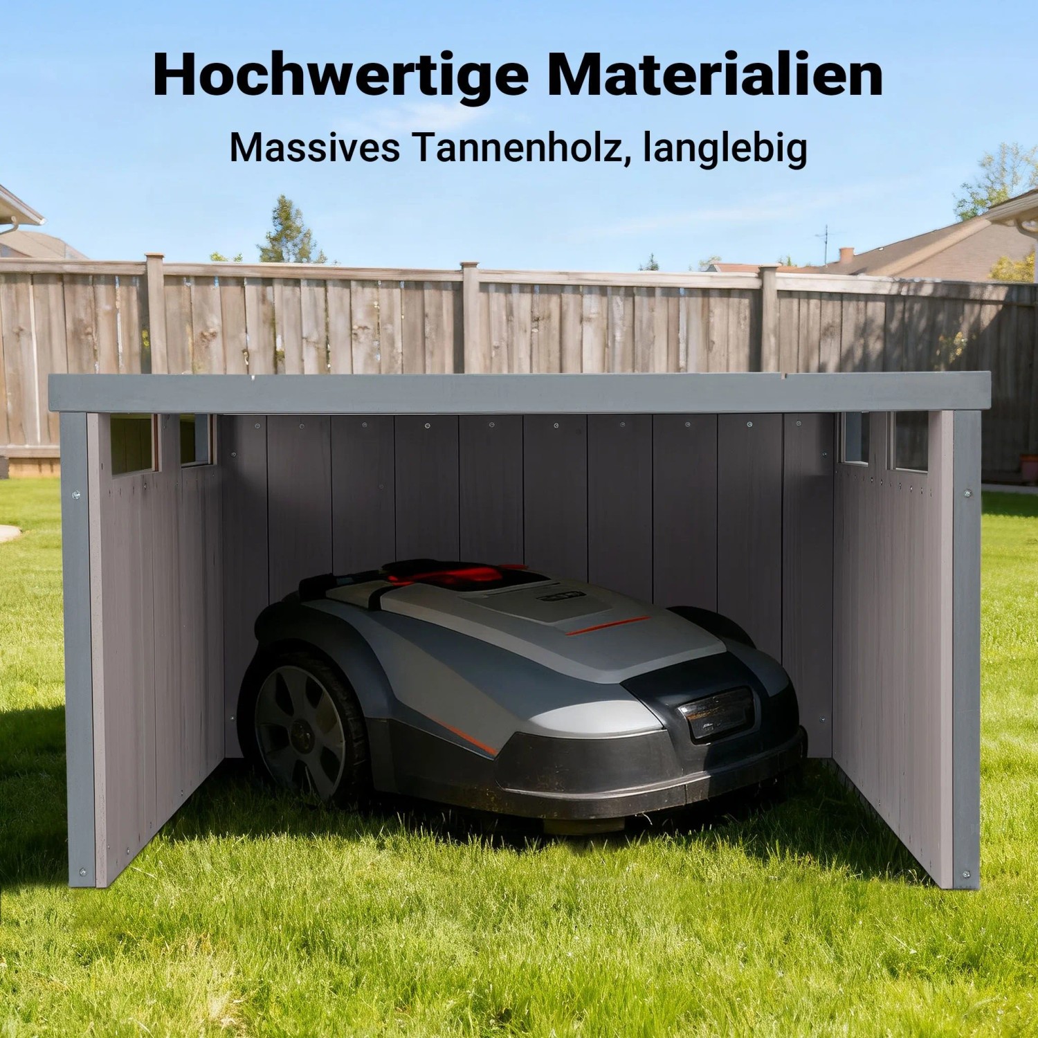 Graue Mähroboter Holzgarage mit Flachdach auf Rasen, schützt den Roboter. Aus massivem Tannenholz gefertigt.