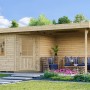 Unbehandeltes Weka Holz-Gartenhaus mit Flachdach und überdachter Terrasse. Ideal als Gerätehaus oder Freizeithaus.