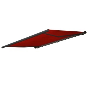 Elektrische Kassettenmarkise, 5x3m, bordeauxrot, anthrazitfarbener Rahmen. Vollkassettenmarkise.