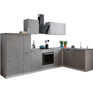Respekta L-Küche Malia mit E-Geräten, 310 cm, Betonfronten. Winkelküche mit Herd, Spüle und Dunstabzugshaube.
