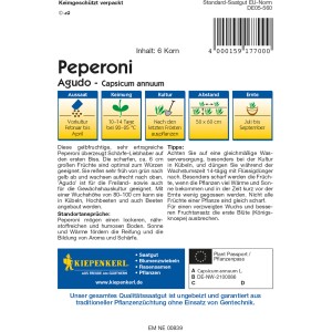 Kiepenkerl Peperoni Agudo Samenpackung mit Infos zu Aussaat, Ernte und Eigenschaften der gelben Chili.