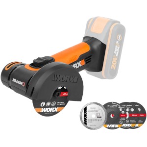 Worx Akku-Mini-Winkelschleifer WX801.9 Solo mit Trennscheiben. Kompakte Schleifmaschine für Metall, Fliesen & Kunststoff.