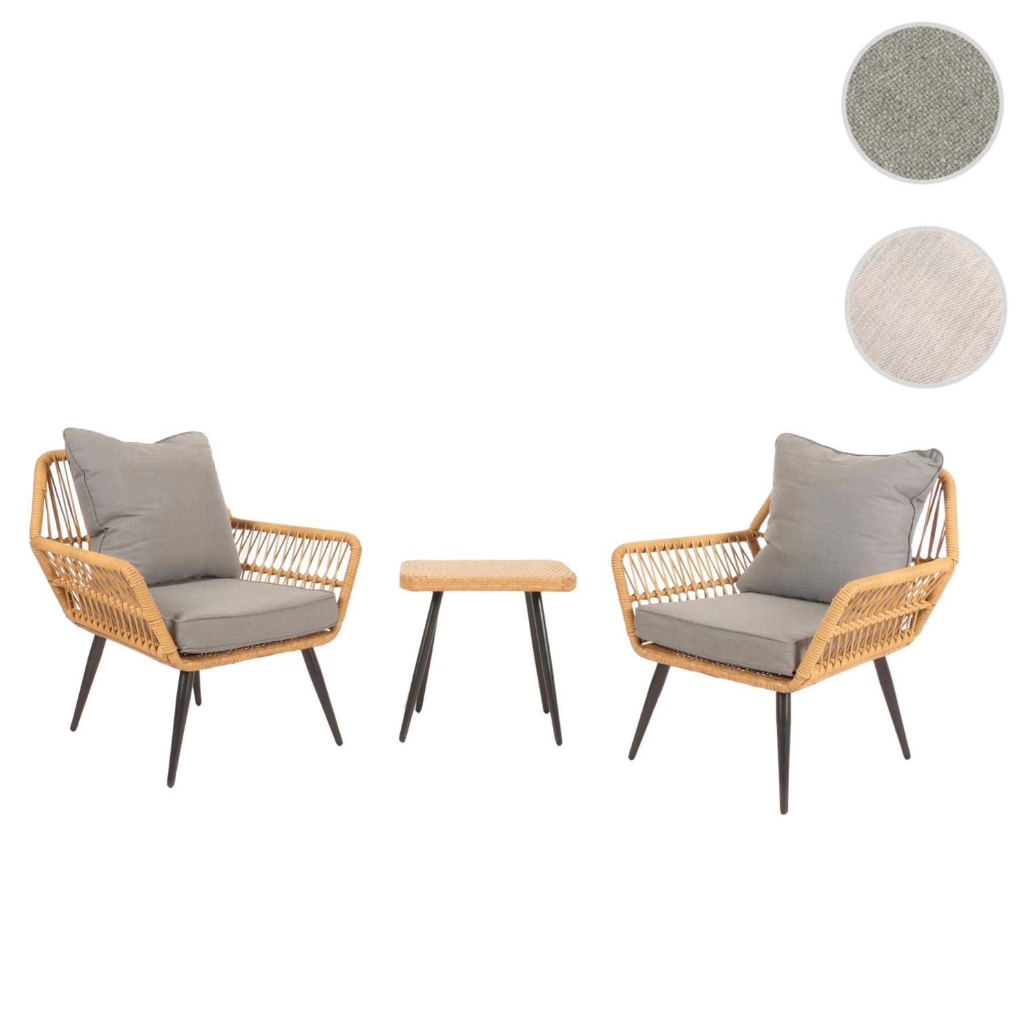 Proregal Poly-Rattan Gartengarnitur: 2 hellgraue Sessel mit Kissen, Beistelltisch. Modernes Balkon-Set mit Stahlgestell.