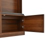 Garderobenschrank Nussbaum Optik: offene Tür, graue Sitzbank, Stauraum. Schuhkommode für Flur.