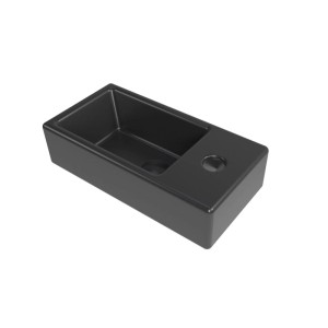 Kompaktes, matt-schwarzes Keramik-Handwaschbecken mit Hahnloch rechts. Ideal für Gäste-WC oder kleine Bäder.