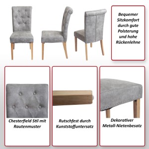 6er-Set Polsterstühle im Chesterfield-Stil mit Kunstlederbezug in Coffee und hellen Beinen.