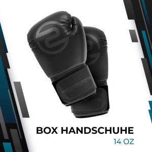 Schwarze Sportisfaction Boxhandschuhe, 14oz, aus PU-Leder im Set mit Bandagen und Springseil.