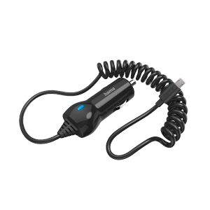 Schwarzes Hama Auto-Ladegerät mit Micro-USB-Anschluss und Spiralkabel.