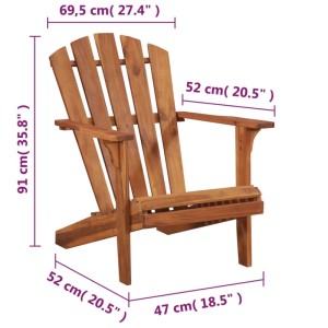 Adirondack Gartenstuhl aus Akazienholz, braun, mit Maßangaben. Ideal für Garten und Terrasse.