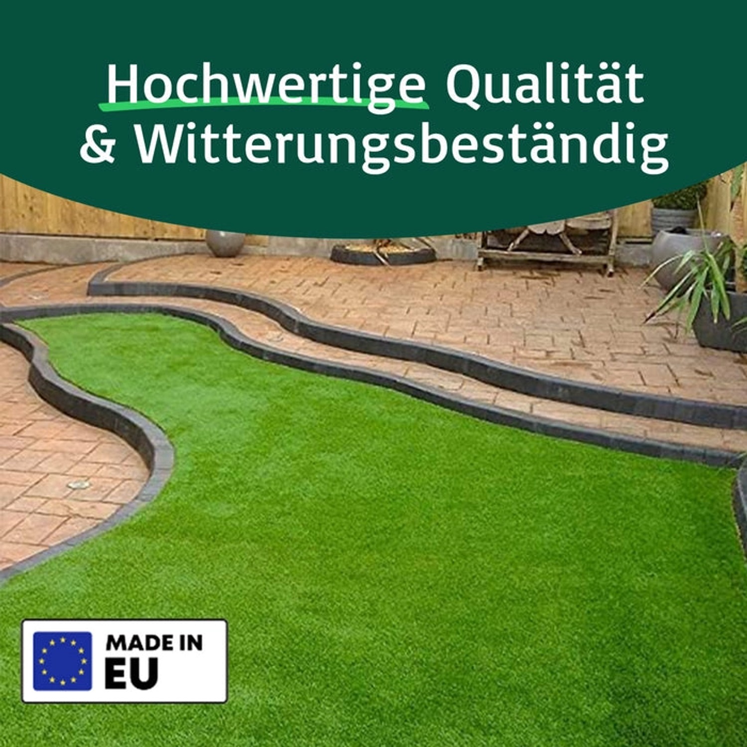 Karat Kunstrasen Cambridge 25mm auf Terrasse, UV-beständig und pflegeleicht.