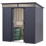 Floraworld Metall-Gerätehaus, anthrazit, 2 m², mit geöffneter Tür und Gartengeräten im Inneren.