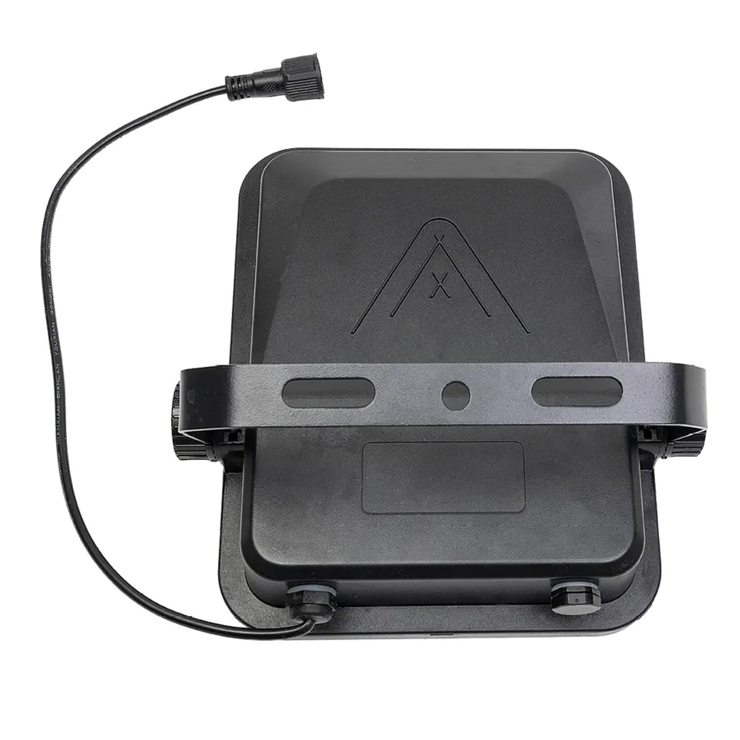 Schwarzer LUXULA LED Solarstrahler mit Kabel und Halterung, Rückansicht.
