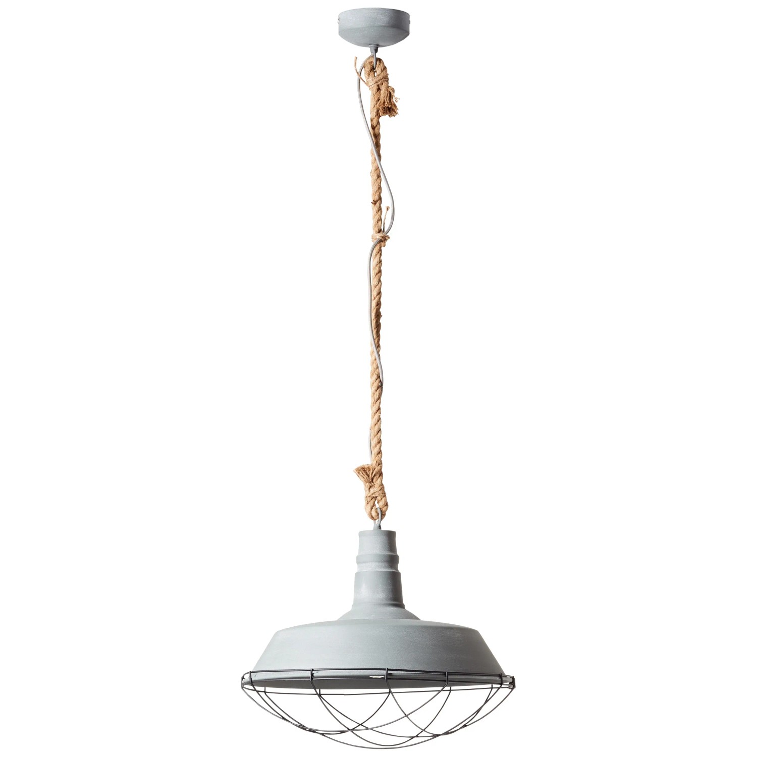 Betongraue Brilliant Pendelleuchte Rope mit Seilaufhängung und Metallschirm mit Drahtkorb.