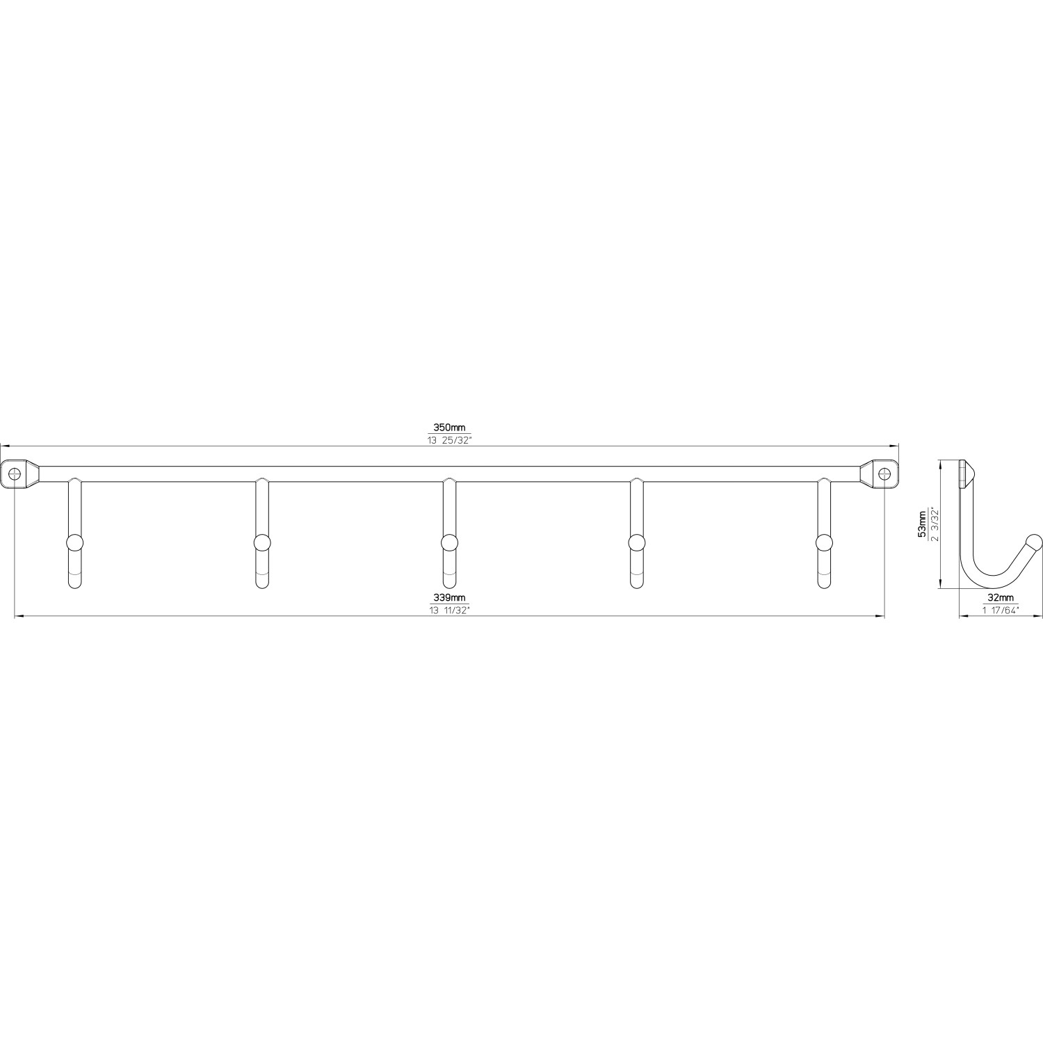 Siro Hakenleiste 2081, Chrom glänzend, 350mm mit 5 Haken, technische Zeichnung.