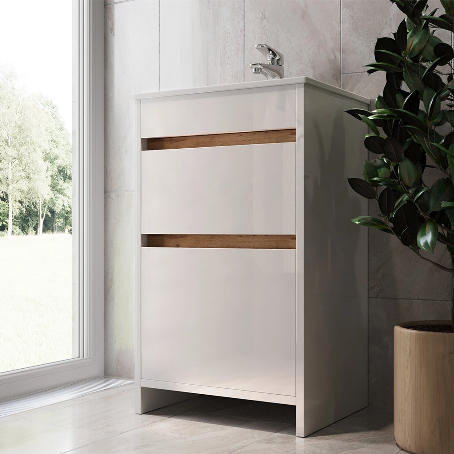 Vicco Badmöbel-Set Detmold, weiß hochglanz, mit Waschbecken und 2 Schubladen.