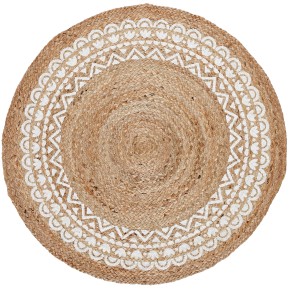 Runder, brauner Teppich In the Mood (Ø 90cm) aus Jute mit weißem Muster.