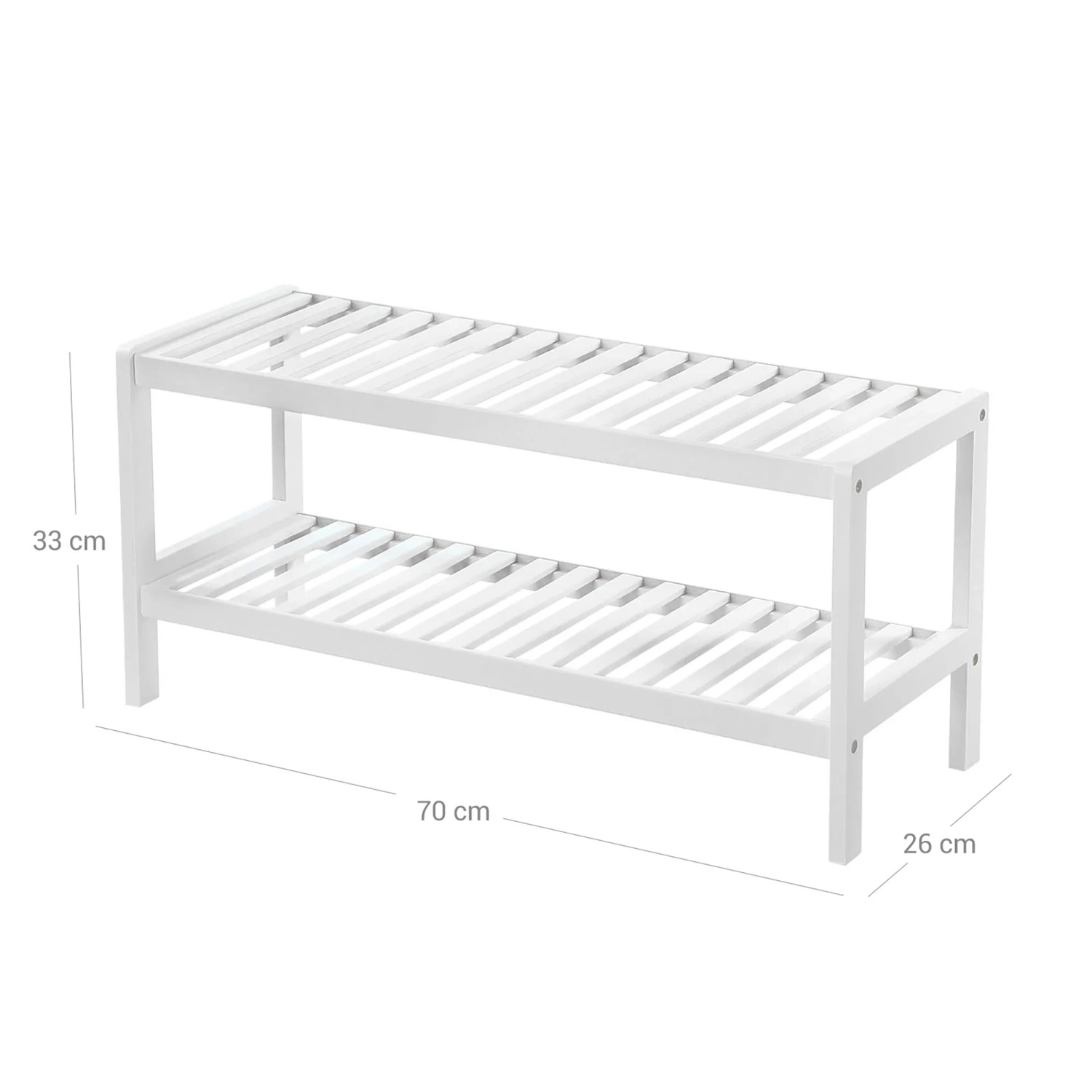 Weißes Songmics Schuhregal aus Bambus mit 2 Ablagen, 26x70x33 cm. Schuhbank für Flur und Diele.