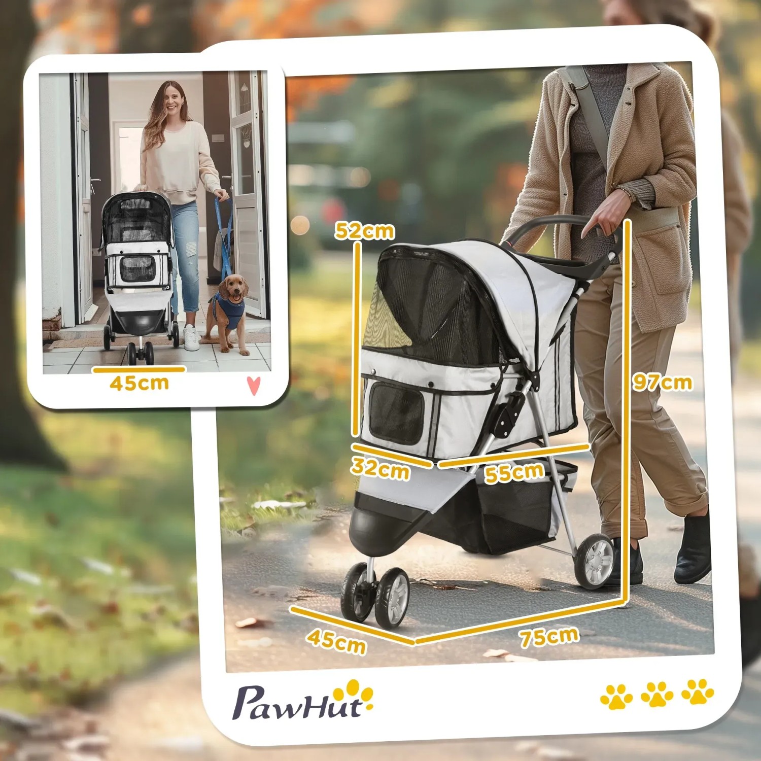 PawHut Hundewagen/Buggy in Weiß mit Maßangaben, ideal für den sicheren Transport von Hunden und Katzen.