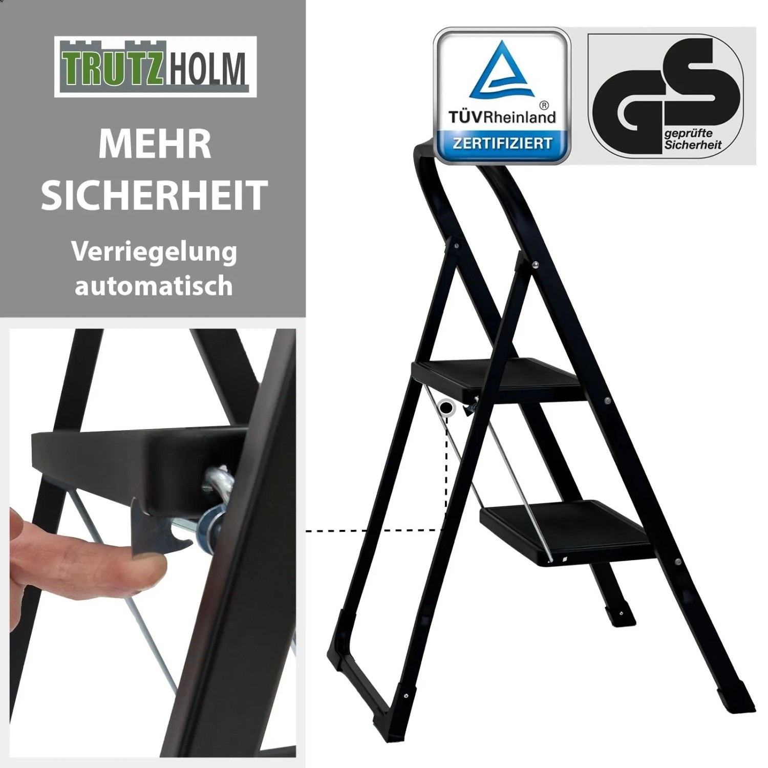 TRUTZHOLM Trittleiter mit 2 Stufen, klappbar, schwarz, mit Anti-Rutsch Trittflächen.