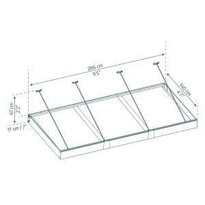 Technische Zeichnung des grauen Palram Canopia Sophia XL Vordachs (285x140cm) mit Maßangaben.