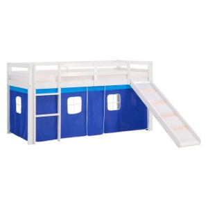 Weißes Hochbett 90x200 mit blauer Vorhangverkleidung, Rutsche und Leiter. Ideal als Kinder-Abenteuerbett.