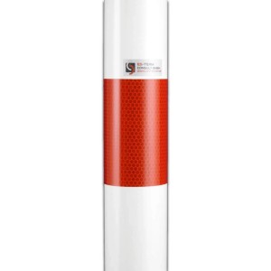 Weißer Stahl-Absperrpfosten mit rotem Reflexstreifen für Baustellenabsicherung.