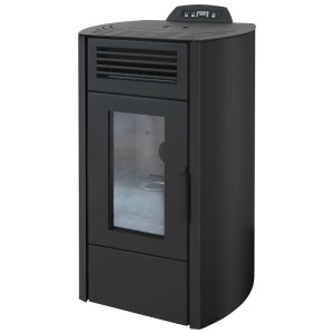 Schwarzer Rowi Pelletofen aus Stahl mit Glasfenster, Lüftungsschlitzen und Bedienfeld. 5,9 kW Heizleistung.