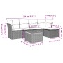 Beige 6-tlg. Garten-Sofagarnitur aus Polyrattan mit Kissen und Tisch, Maße eingezeichnet.