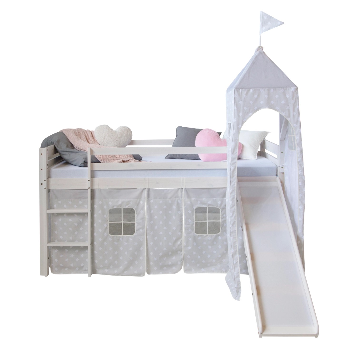 Homestyle4u Hochbett 90x200 mit Vorhang Rutsche und Turm in Weiß Sterne 1886