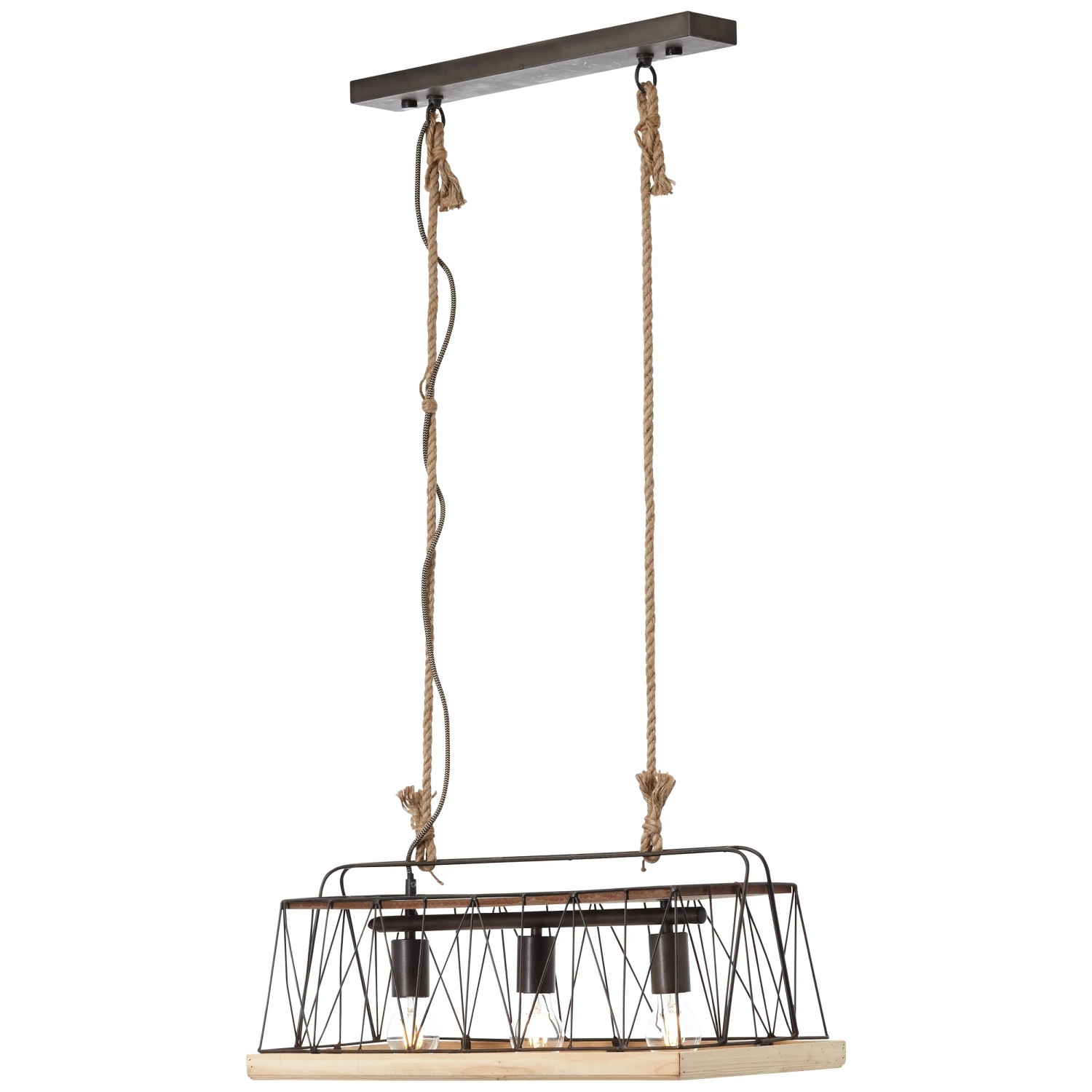 Brilliant Pendelleuchte Narcy Burned Steel mit Holz und Seilaufhängung für 3 Leuchtmittel.
