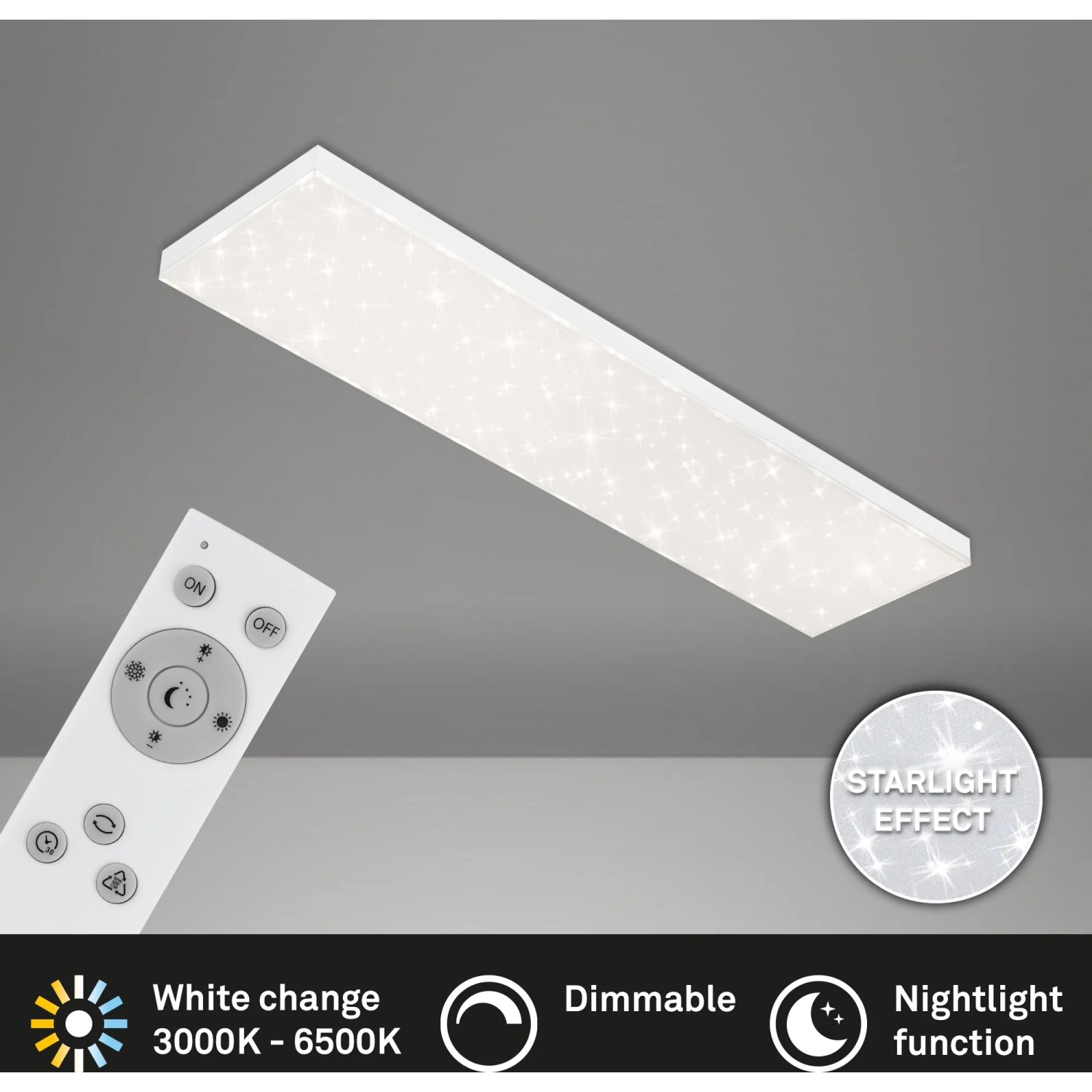 Brilo LED-Panel Frameless mit Sternenhimmel-Effekt und Fernbedienung zur Dimmung und Farbtemperatursteuerung.