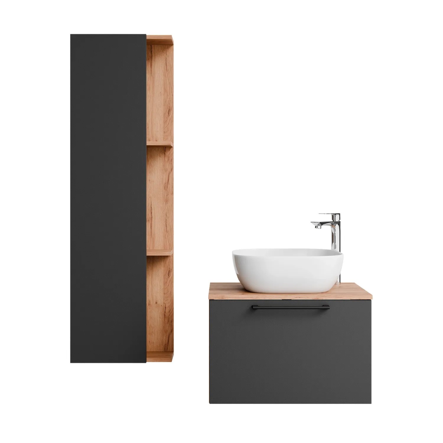 Planetmöbel ASTRA Badmöbel Set 60 cm mit Aufsatzwaschbecken 42,5 cm Weiß Seitenschrank Soft Close