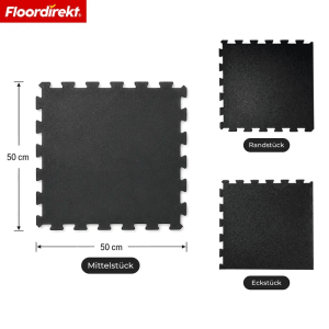 Drei schwarze Floordirekt Gummi Steckmatten (50x50 cm): Mittel-, Rand- und Eckstück. Robuste, rutschhemmende Bodenschutzmatte.